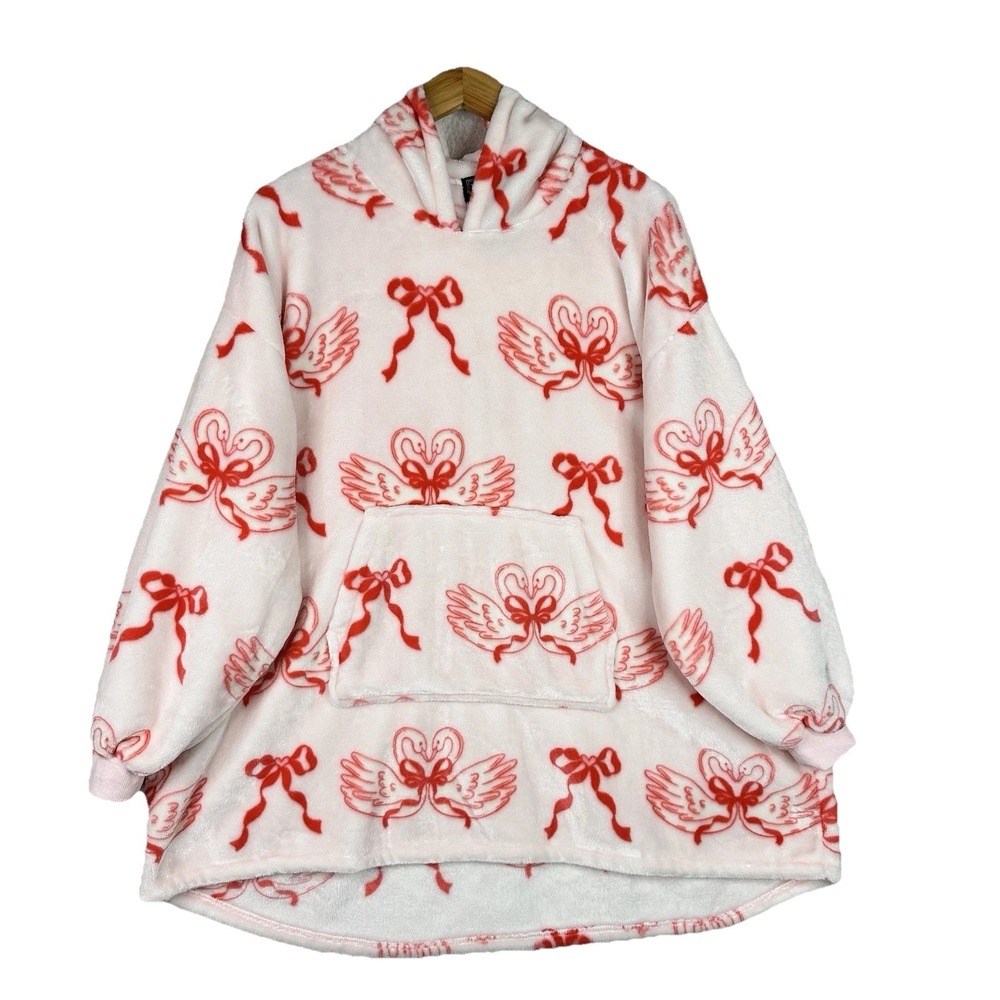 Throwzy Pink Swan Bow Blanket‎ Hoodie Plush Oversized Cozy Lounge